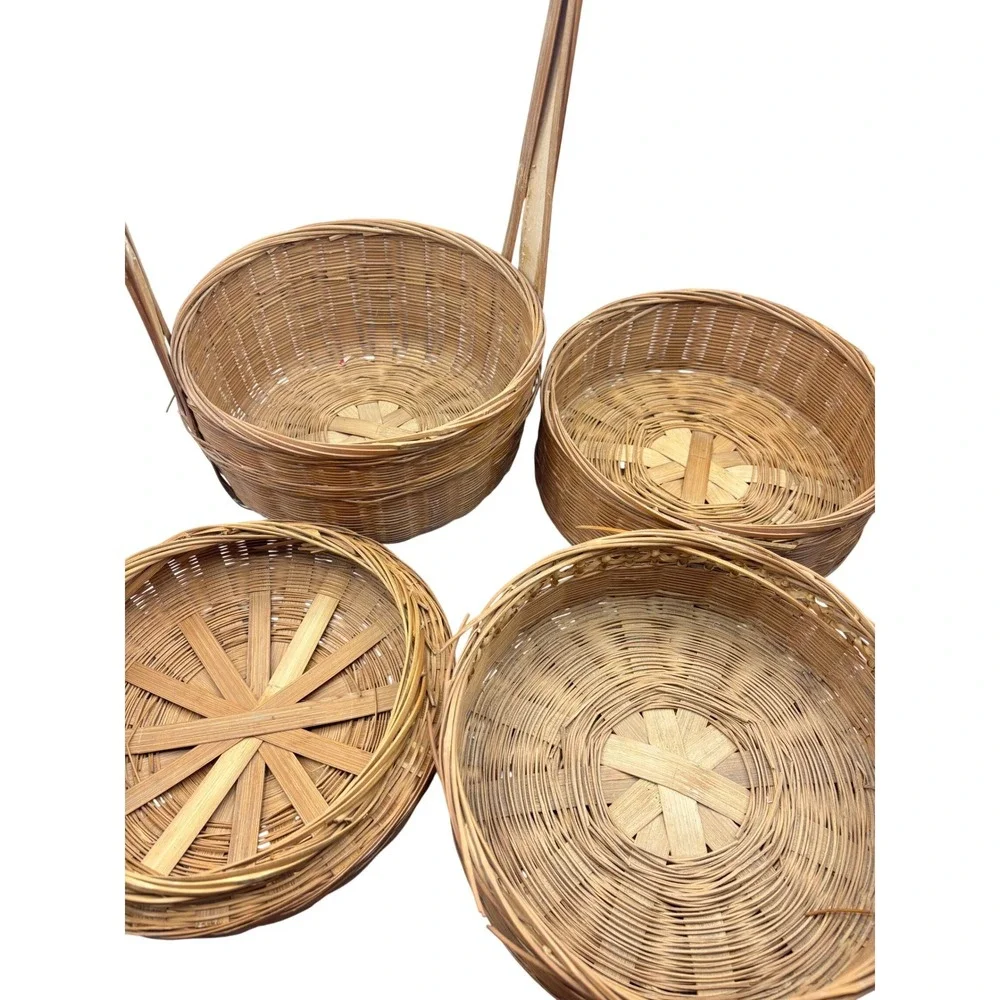 Vintage Chinese Wedding Basket 3 Tier‎ Woven Bamboo Wicker Tiffin Carrier 15